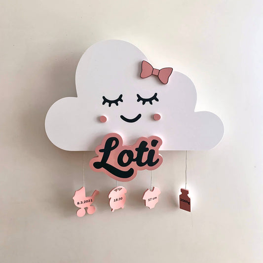 Stenska dekoracija za otroško sobo - oblaček (podatki o rojstvu)